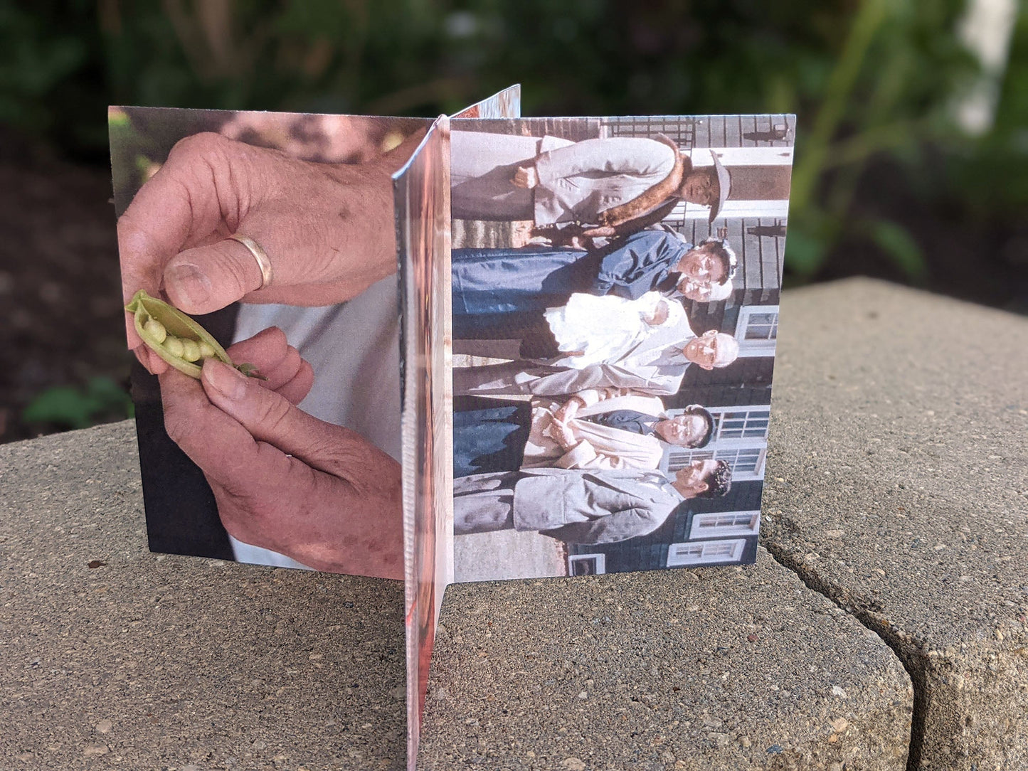 Centerpiece sitting on a landscape stone showing a vintage photo of a family standing in front of a house holding a baby and a wrinkled pair of hands shelling peas.