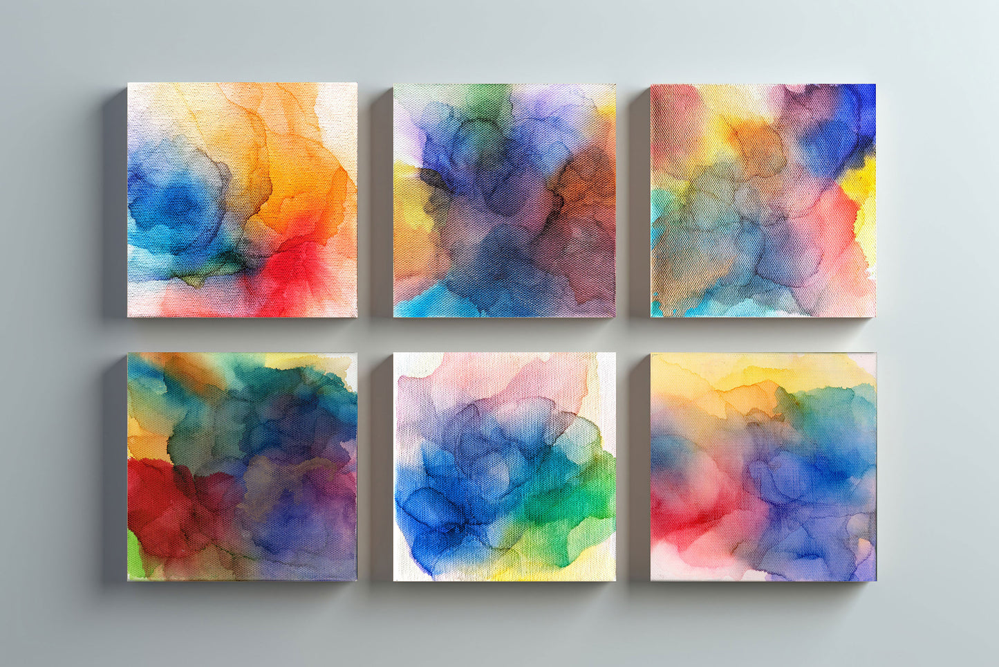 Digital mockup of the six paintings in this collection laid out in a 2x3 grid against a light grey background.