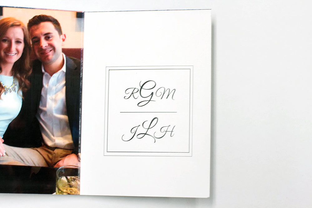Centerpiece laying flat on a white background off center. One panel shows a dressed up couple smiling into the camera and the other shows monograms of their initials.