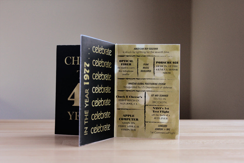 Centerpiece standing on a wooden table with a white wall in the background. The panels show black and gold text celebrating the 70s decade with pop culture and fun facts from the time.
