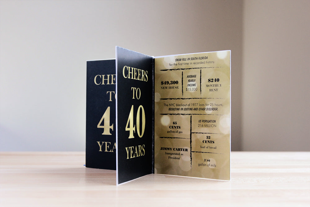 Centerpiece standing on a wooden table with a white wall in the background. The panels show black and gold text celebrating 40 years with pop culture and fun facts from the time.