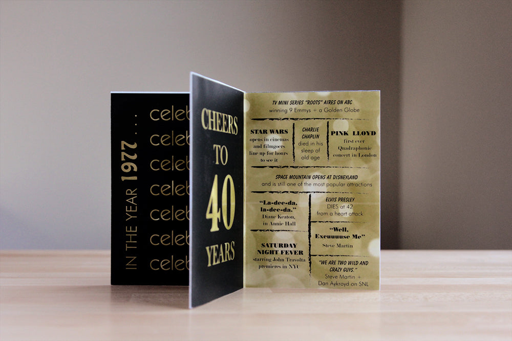 Centerpiece standing on a wooden table with a white wall in the background. The panels show black and gold text celebrating the 70s decade with pop culture and fun facts from the time.