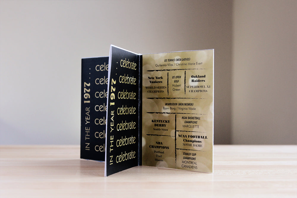 Centerpiece standing on a wooden table with a white wall in the background. The panels show black and gold text celebrating the 70s decade with pop culture and fun facts from the time.