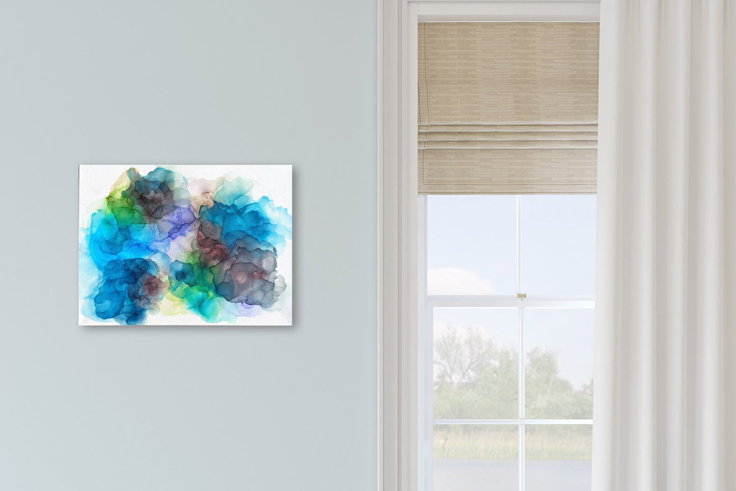 Digital mockup of Unexpected Opportunities hung on a pale blue wall next to a window.