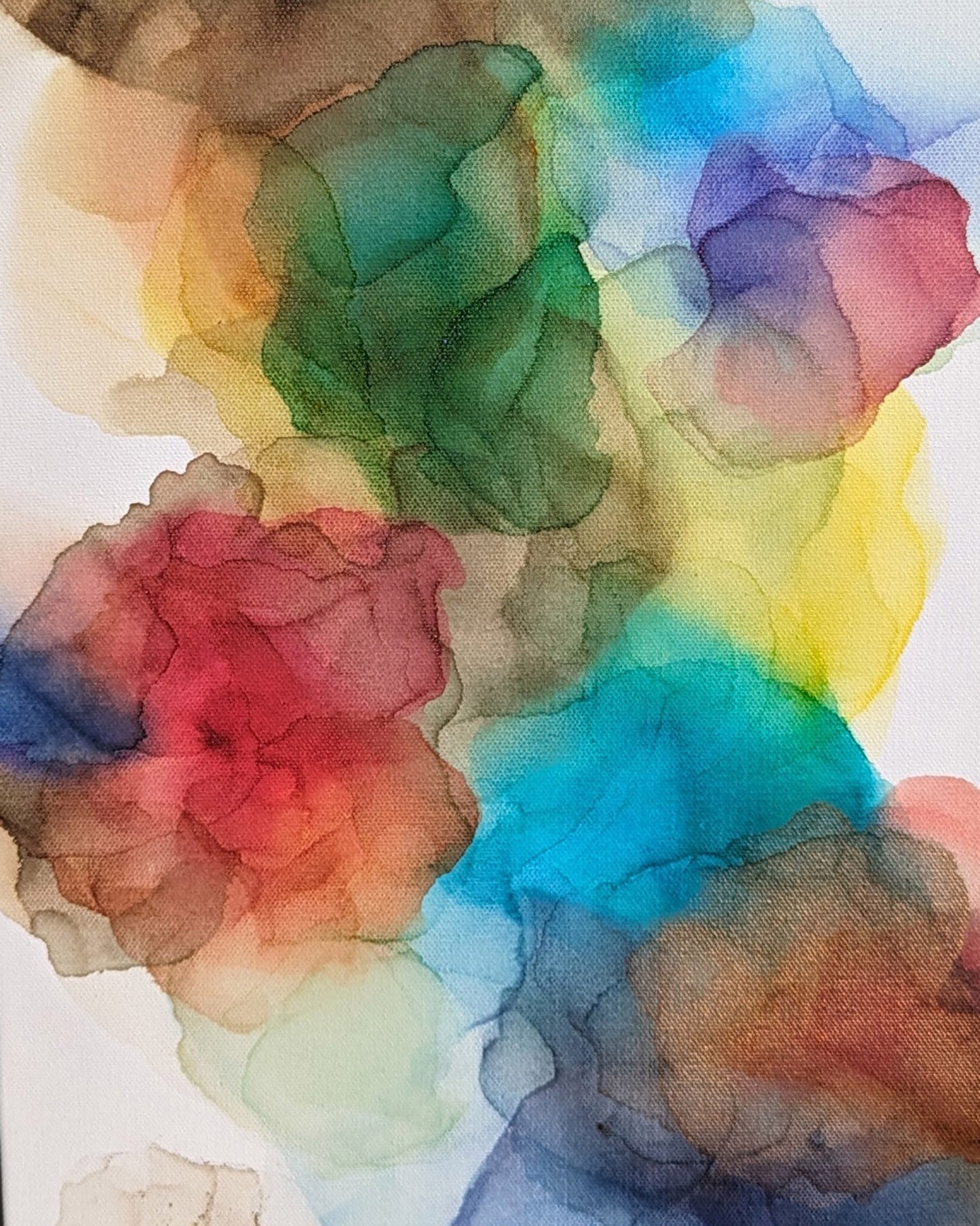 Closeup of painting details showing some of the rainbow hues, canvas texture, metallic alloy, and fades.