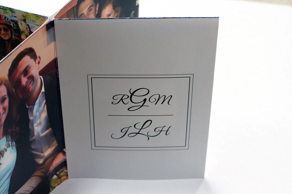 Centerpiece laying flat on a white background off center. One panel shows a dressed up couple smiling into the camera and the other shows monograms of their initials.