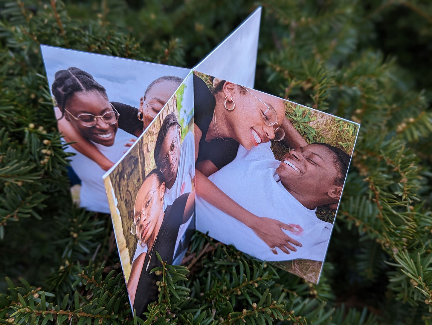 Centerpiece outdoors with an evergreen background showing panels of an LGBTQ+ couple looking at the camera and smiling at each other.