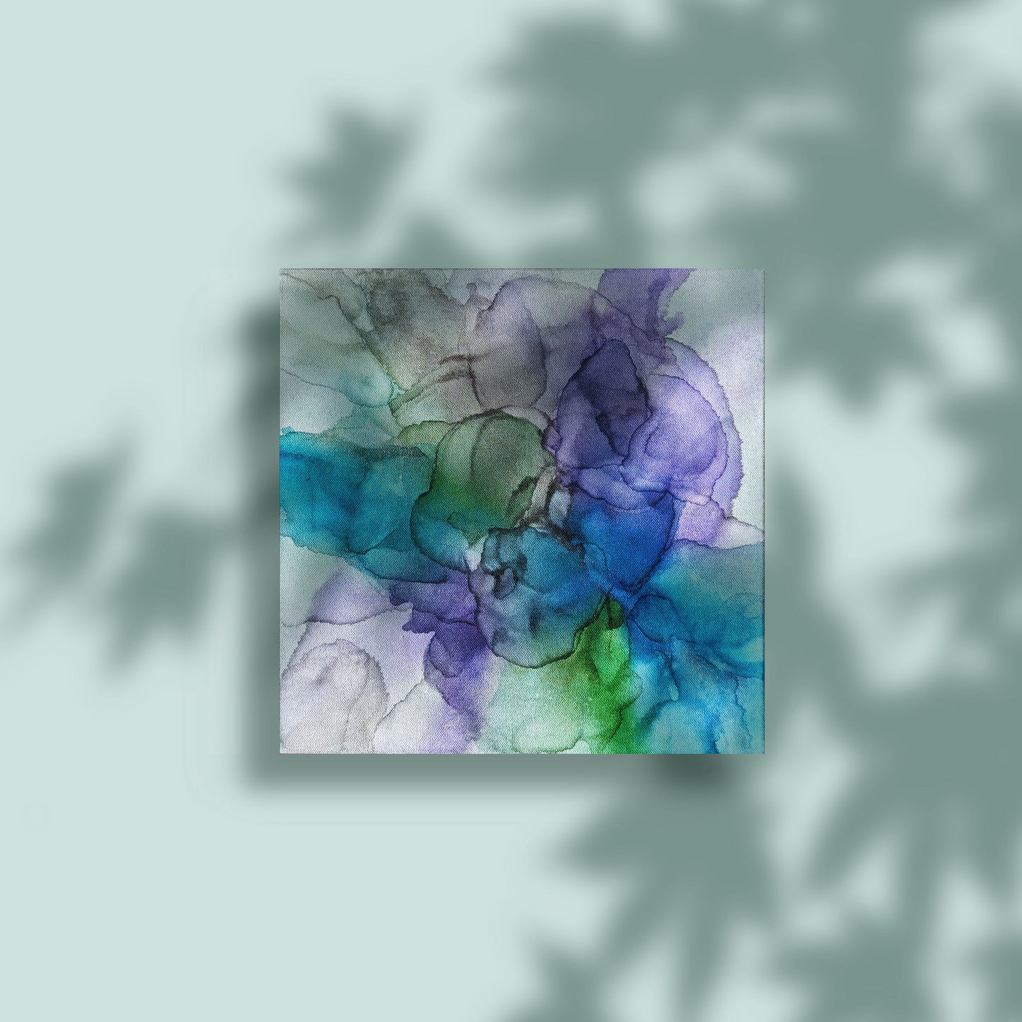 Digital mockup of Perseverance hung on a pale blue wall with the shadows of tree leaves.