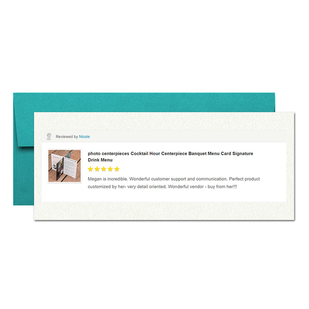 Digital mockup of an aqua envelope and a neutral card showcasing a positive review from Nicole, "Megan is incredible. Wonderful customer support and communication. Perfect product customized by her - very detail oriented. Wonderful vendor - buy from her!!!"