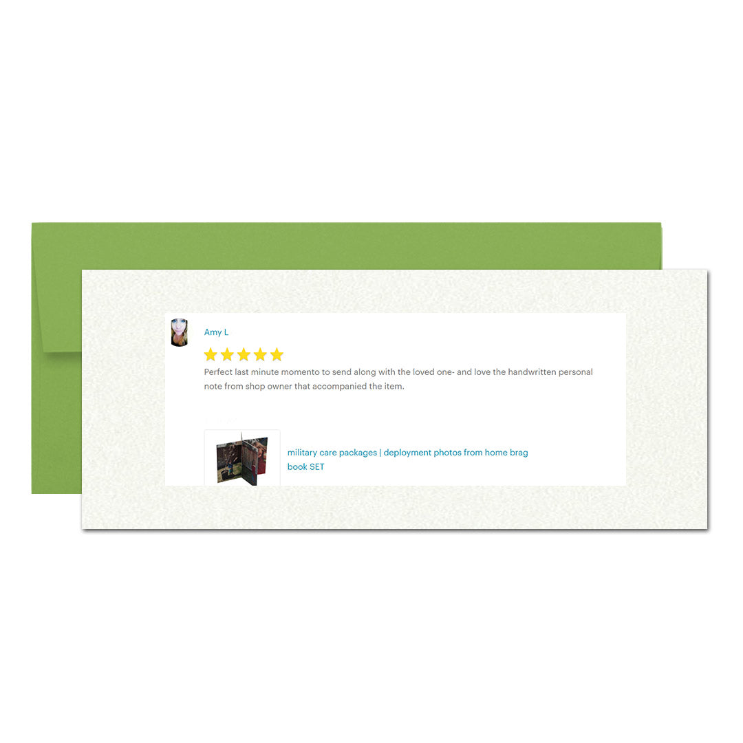 Digital mockup of an bright green envelope and a neutral card showcasing a positive review from Amy L, "Perfect last minute momento to send along with the loved one- and love the handwritten personal note from shop owner that accompanied the item."