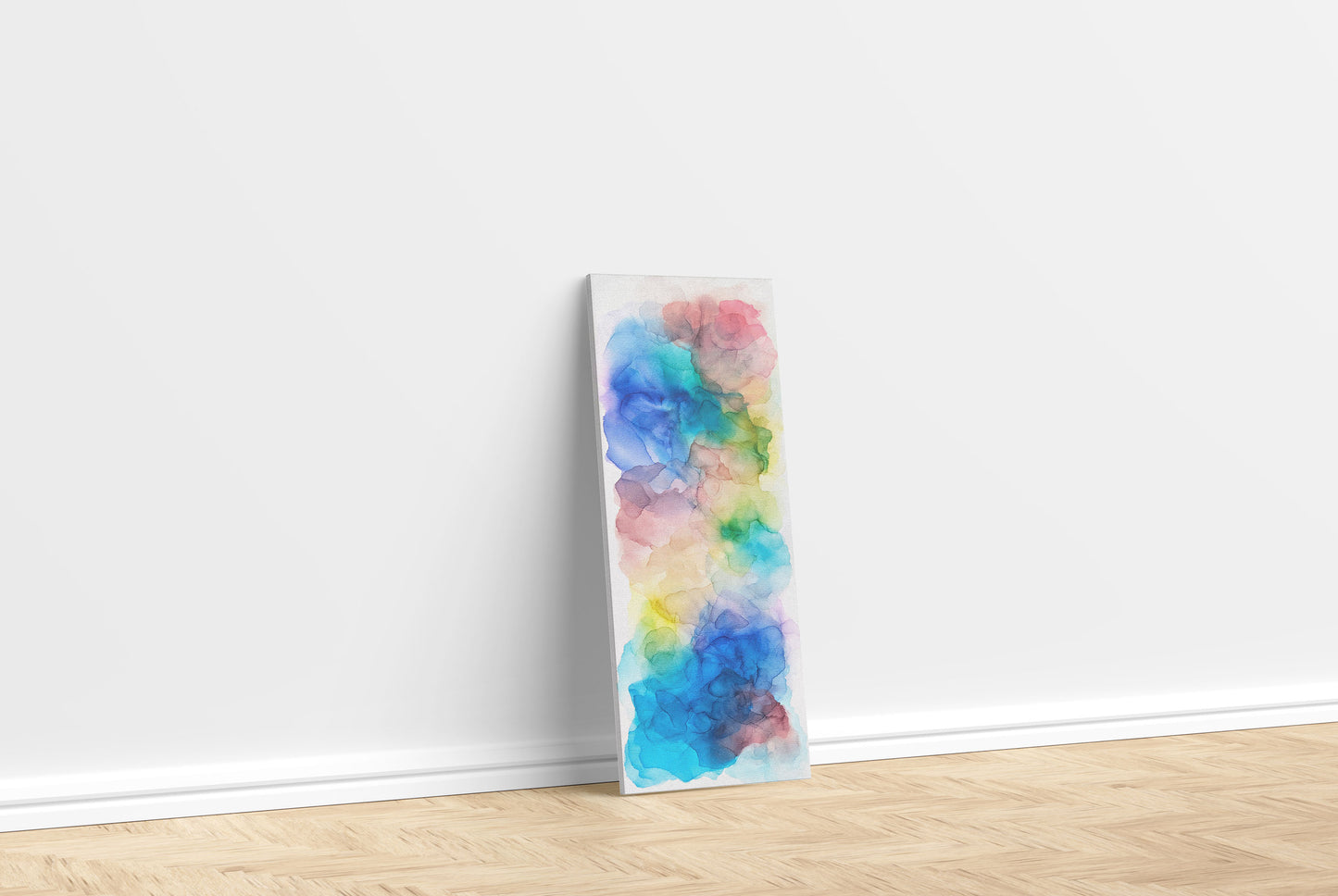 Digital mockup of the painting leaning against a white wall with a light wood floor below.