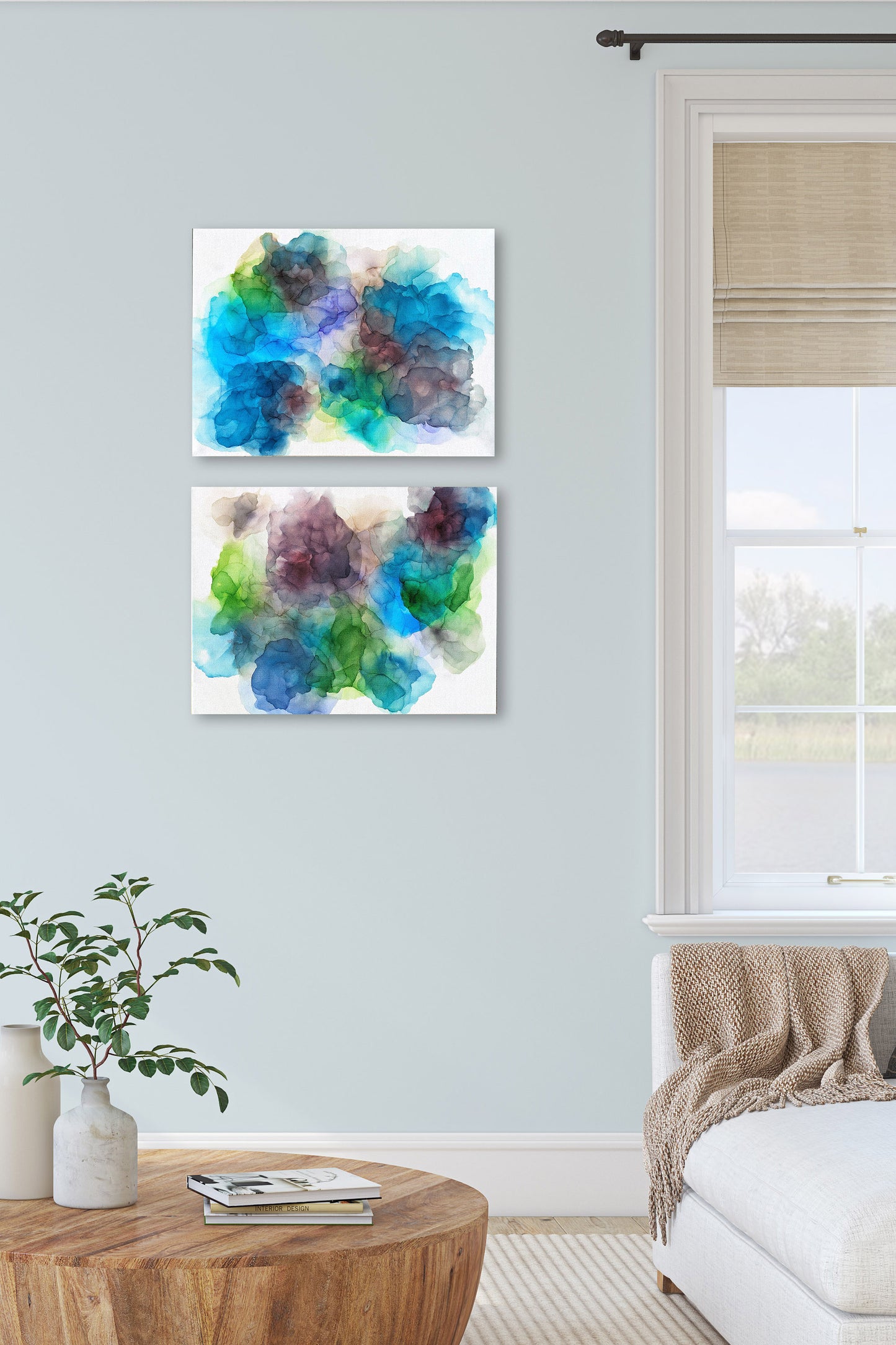 Digital mockup of Unexpected Opportunities hung with Challenged to Growon a pale blue wall next to a window.