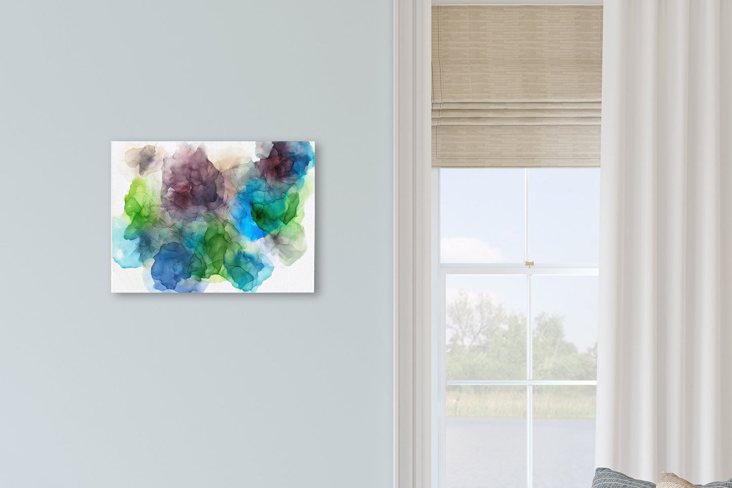 Digital mockup of Unexpected Opportunities hung on a pale blue wall next to a window.