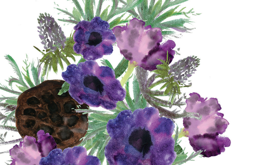 Zoomed in detail of hand painted flowers and greenery.
