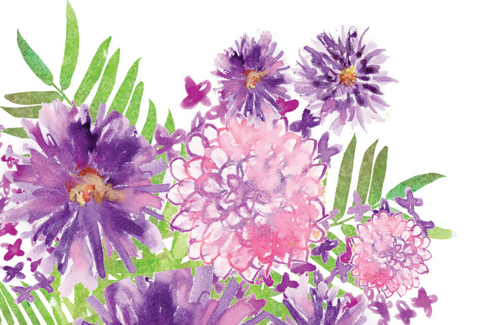 Zoomed in detail of hand painted flowers and greenery.