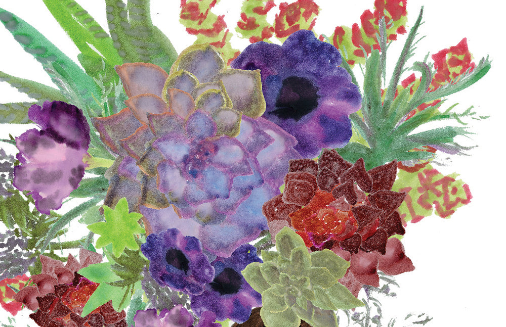 Zoomed in detail of hand painted succulents and blooms.