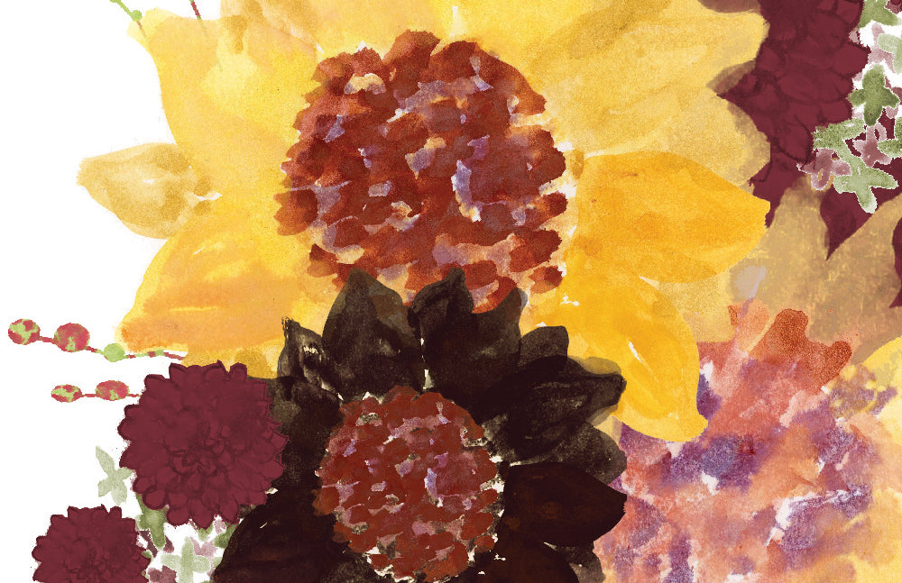 Zoomed in detail of hand painted flowers and greenery.
