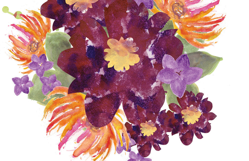 Zoomed in detail of hand painted flowers and greenery.