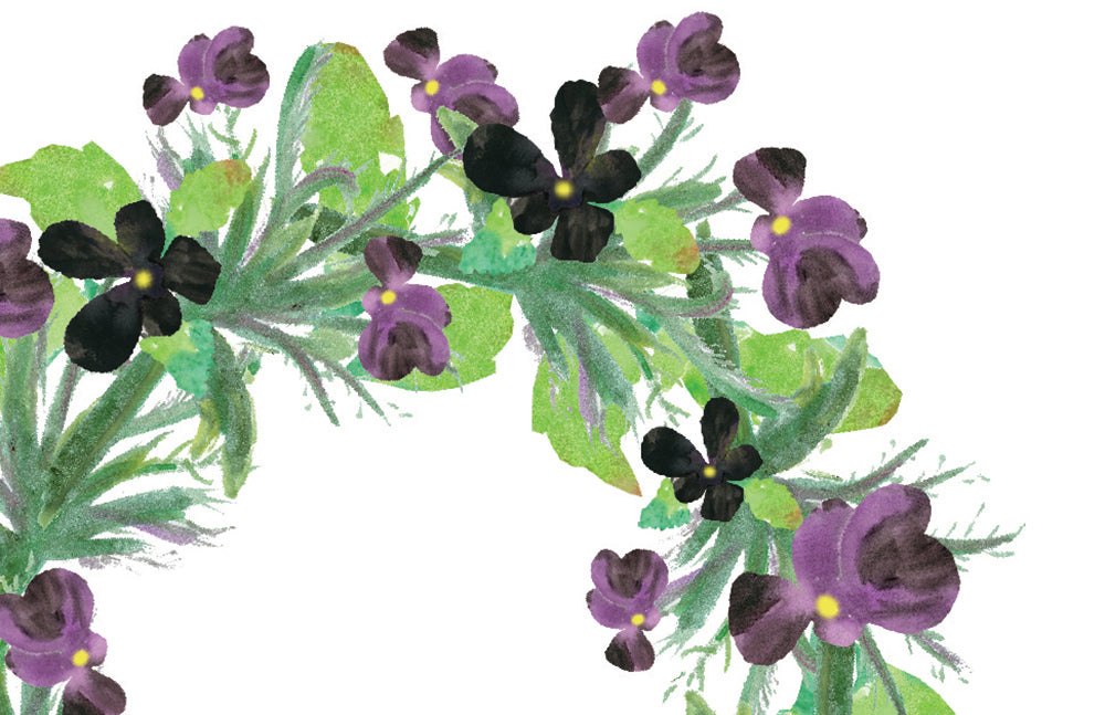 Zoomed in detail of hand painted flowers and greenery.
