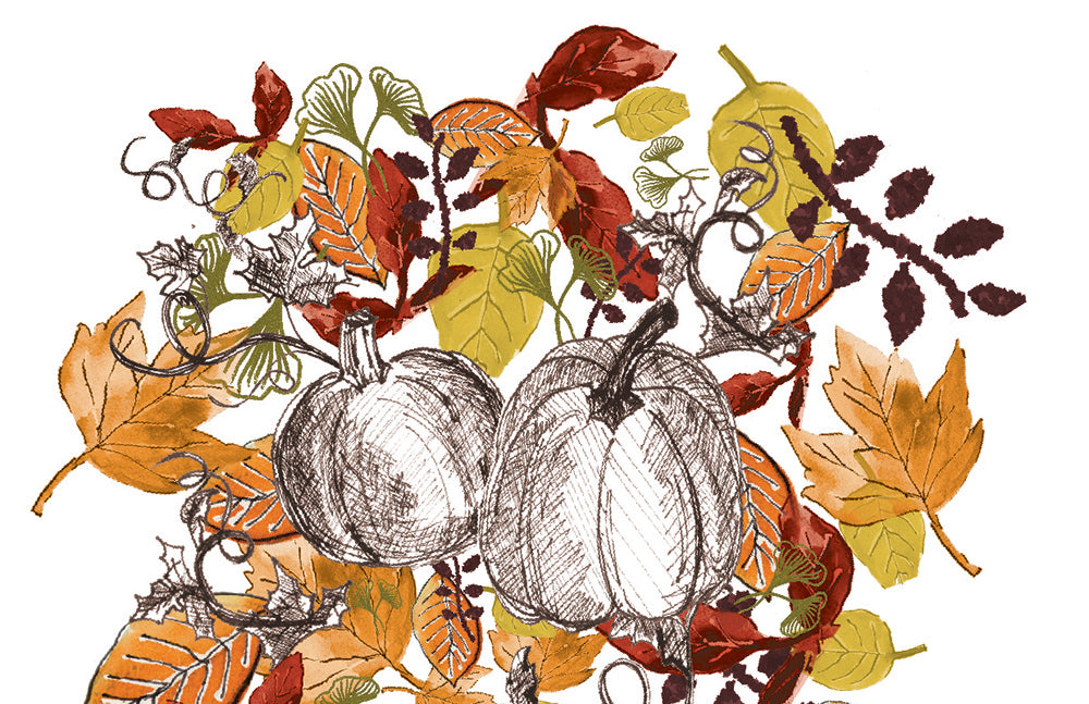 Zoomed in detail of pumpkin drawings and leaf paintings.