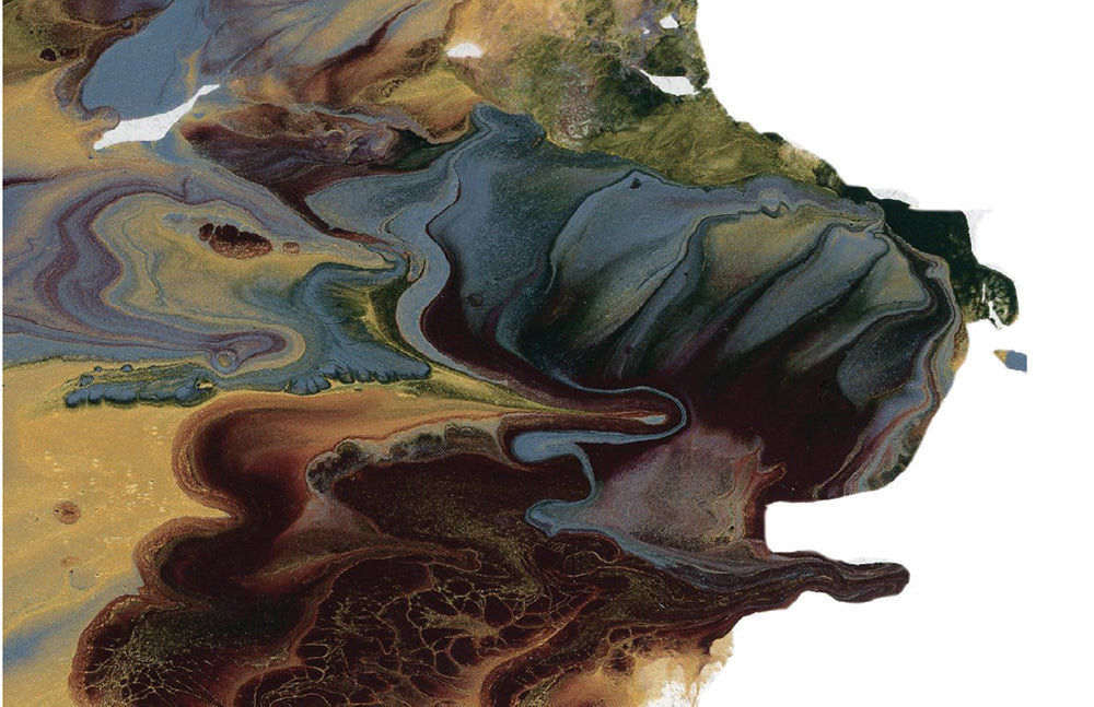 detail image of the golds, dusty blue, and brown abstract painting.