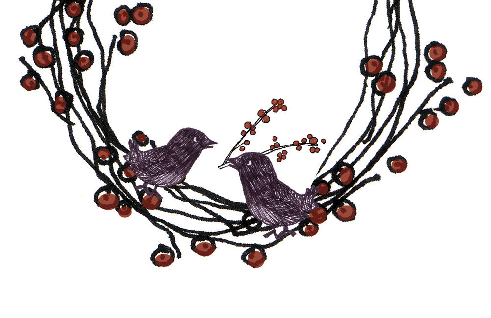Zoomed in detail of hand drawn birds and wreath.