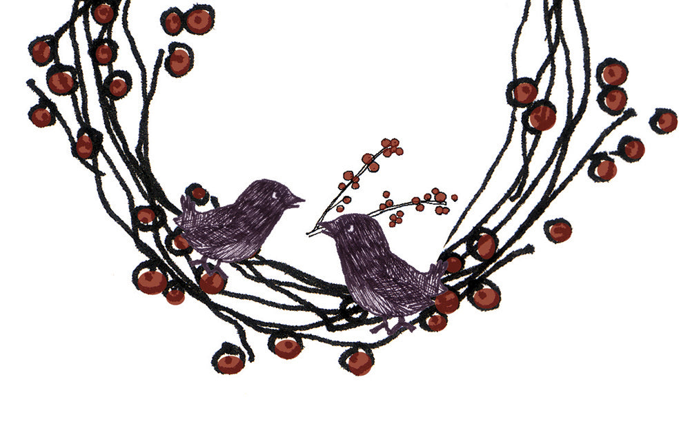 merry christmas greetings for friends | birds building a berry wreath holiday card