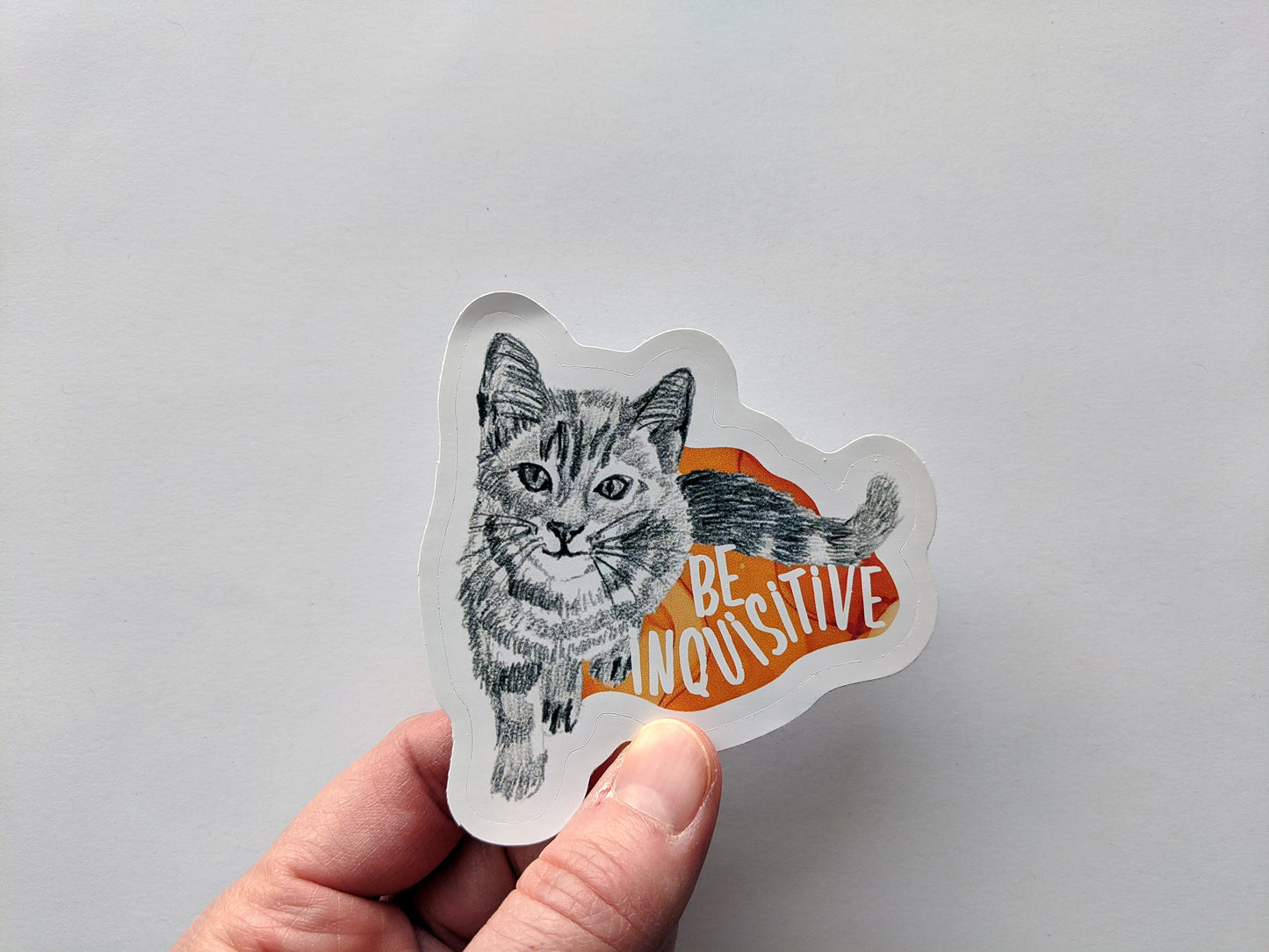 Hand holding a sticker with a white surface in the background.