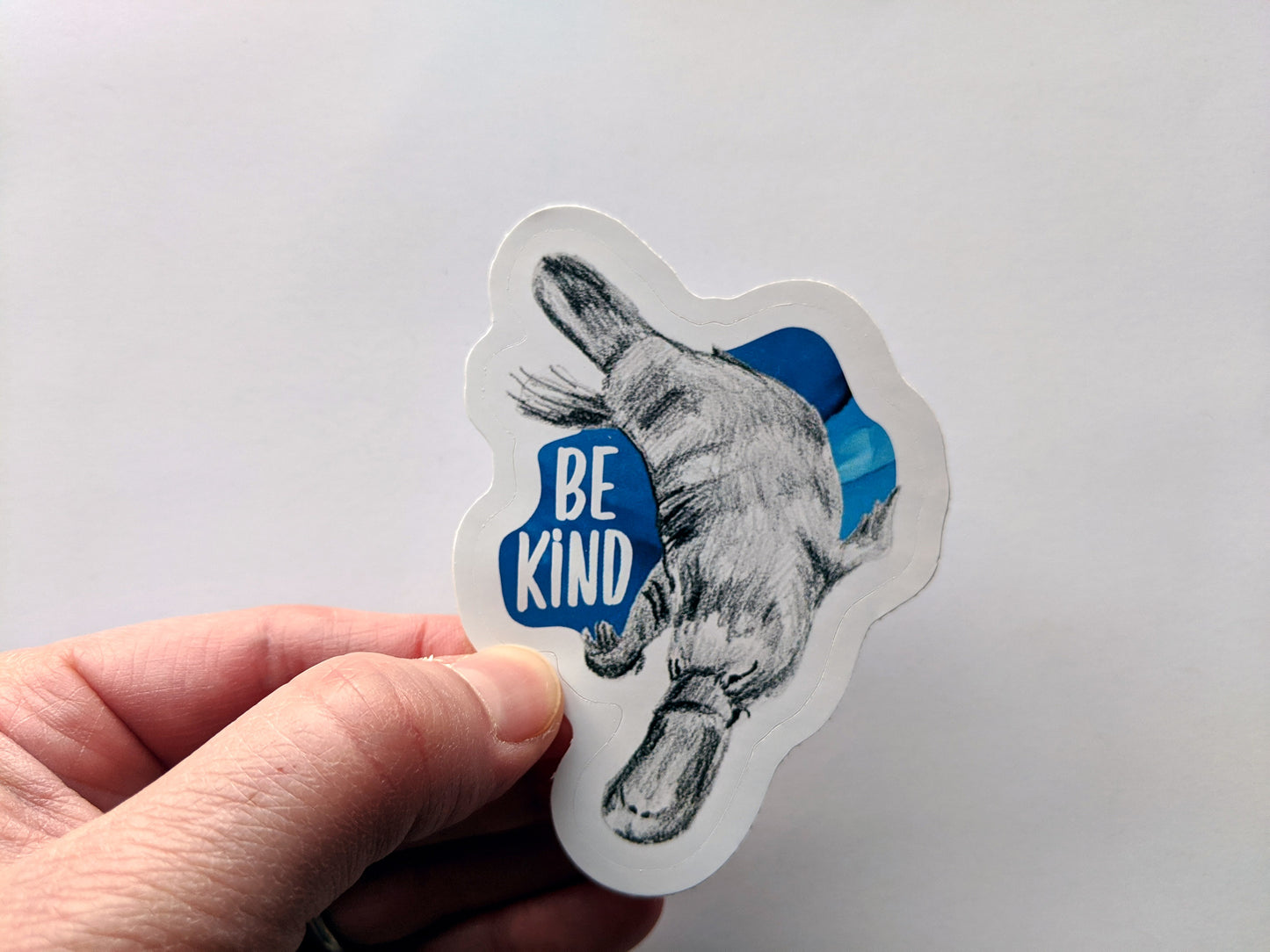 Hand holding a sticker with a white surface in the background.