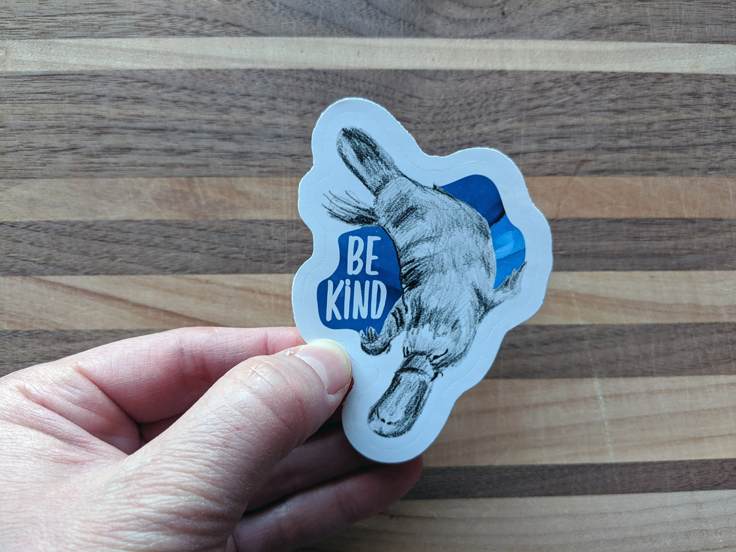 Hand holding a sticker with a wooden surface in the background.