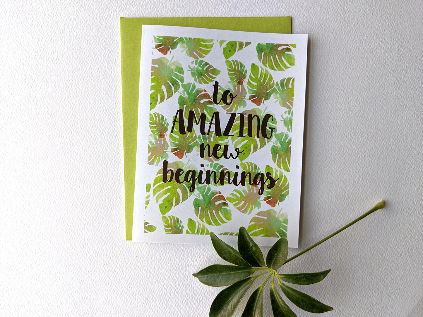 Greeting card laying with colorful envelope on white background next to green plant leaves.