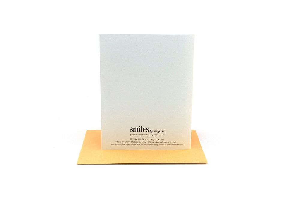Back side of greeting card standing upright on top of a colorful envelope against a white background.