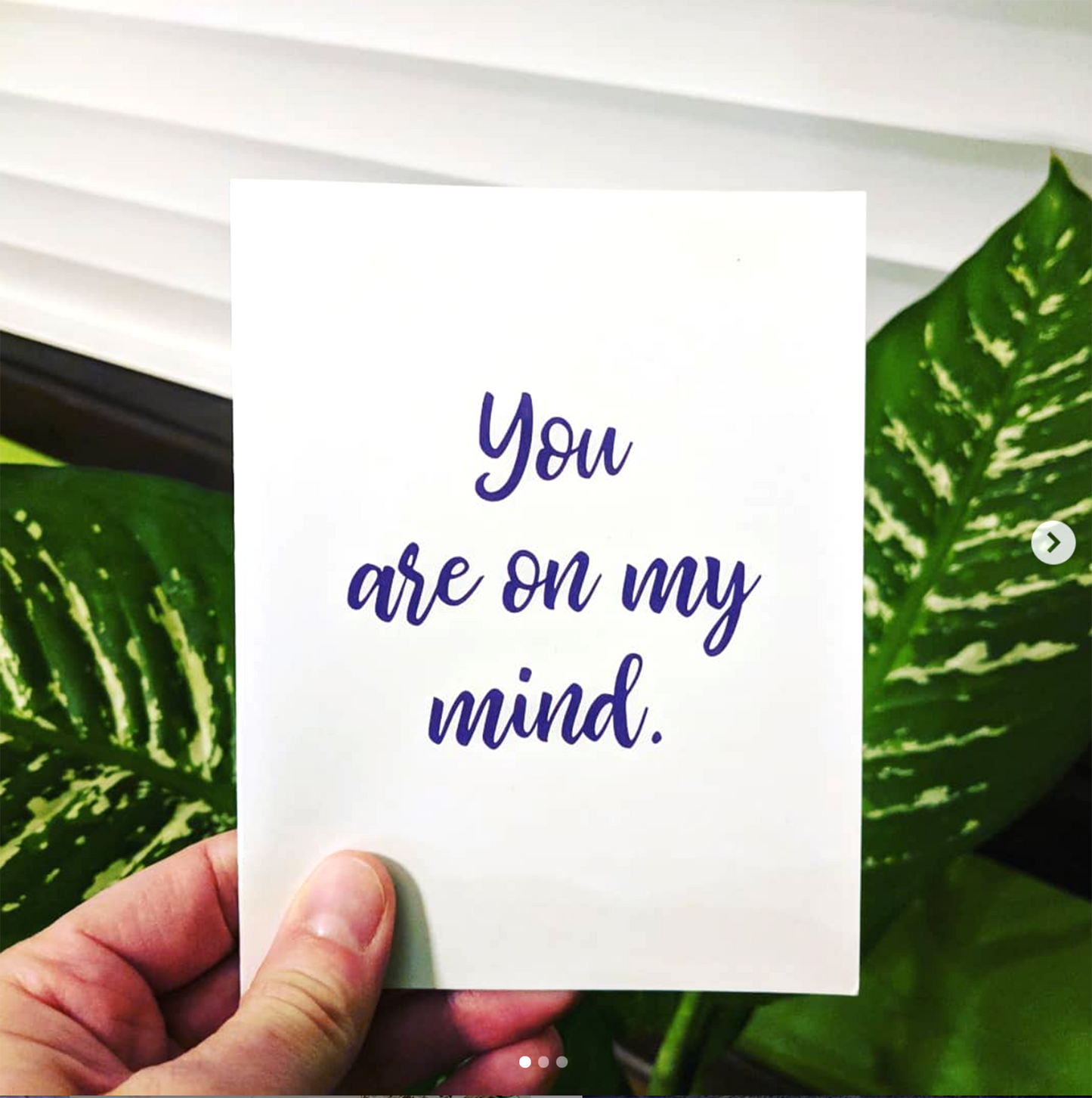 Hand holding a greeting card with plant leaves in the background.
