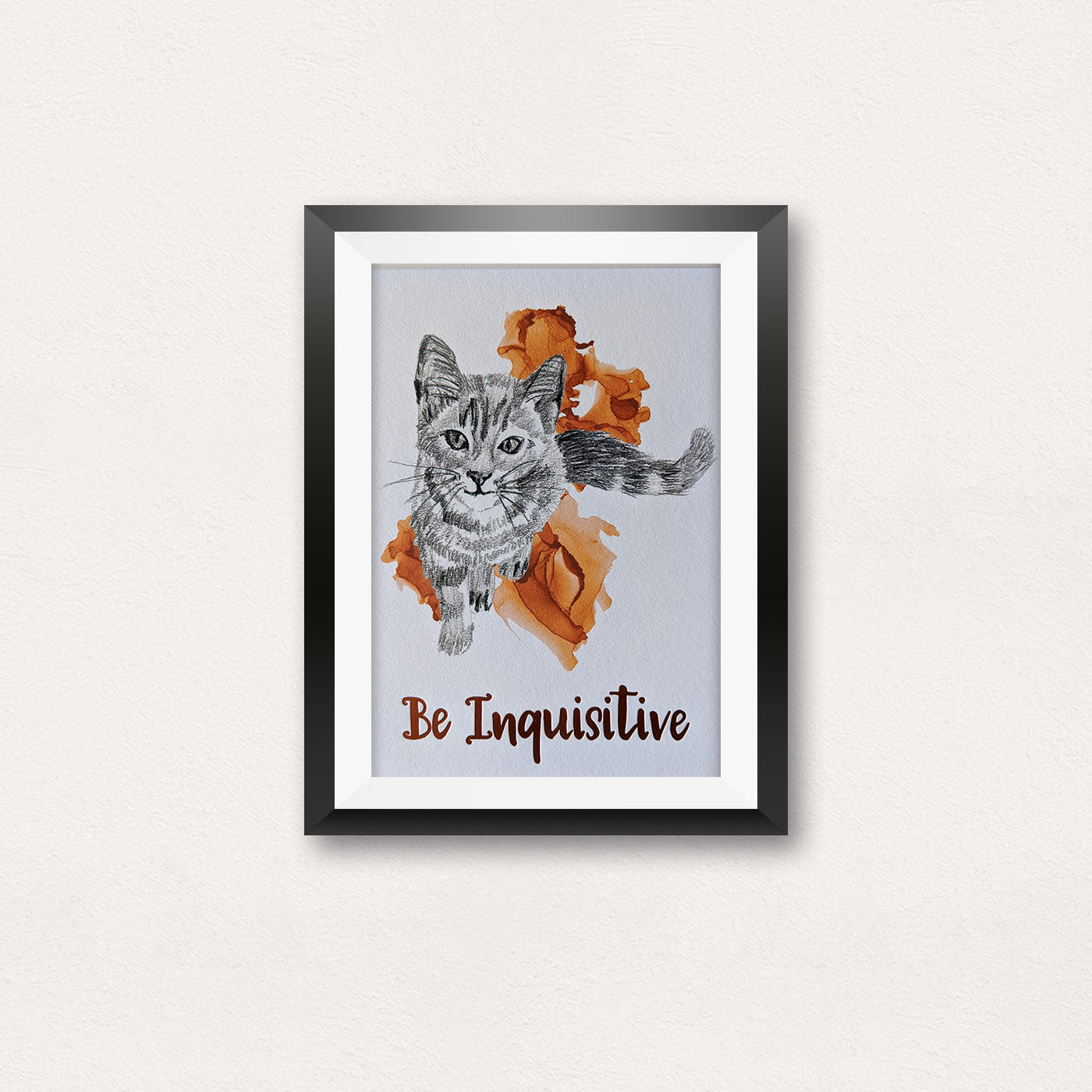 Digital mockup of an animal art print with foil accents framed in black on a white surface.