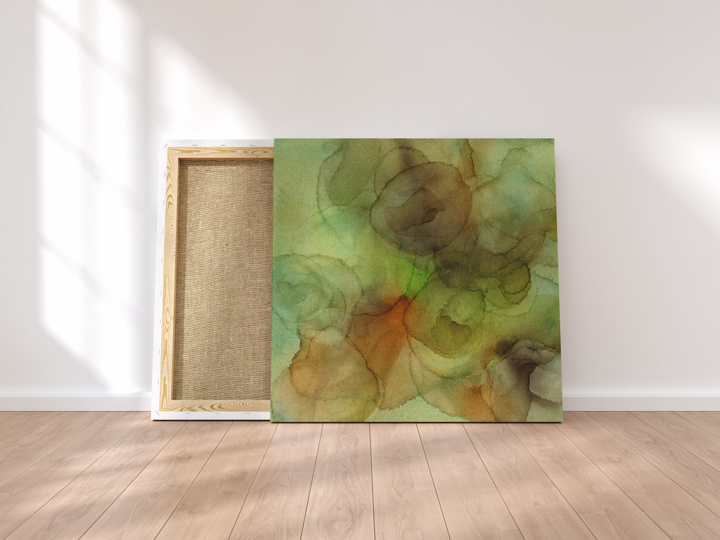 Digital mockup of Backwoods leaning on a wood floor against a white wall with shadows cast and light from a window.