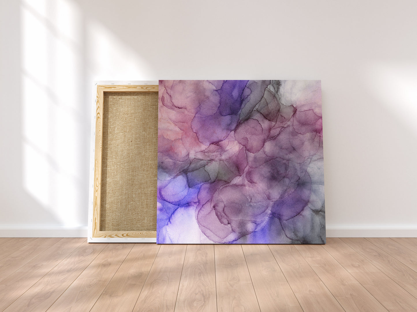 Digital mockup of Flow leaning on a wood floor against a white wall with shadows cast and light from a window.