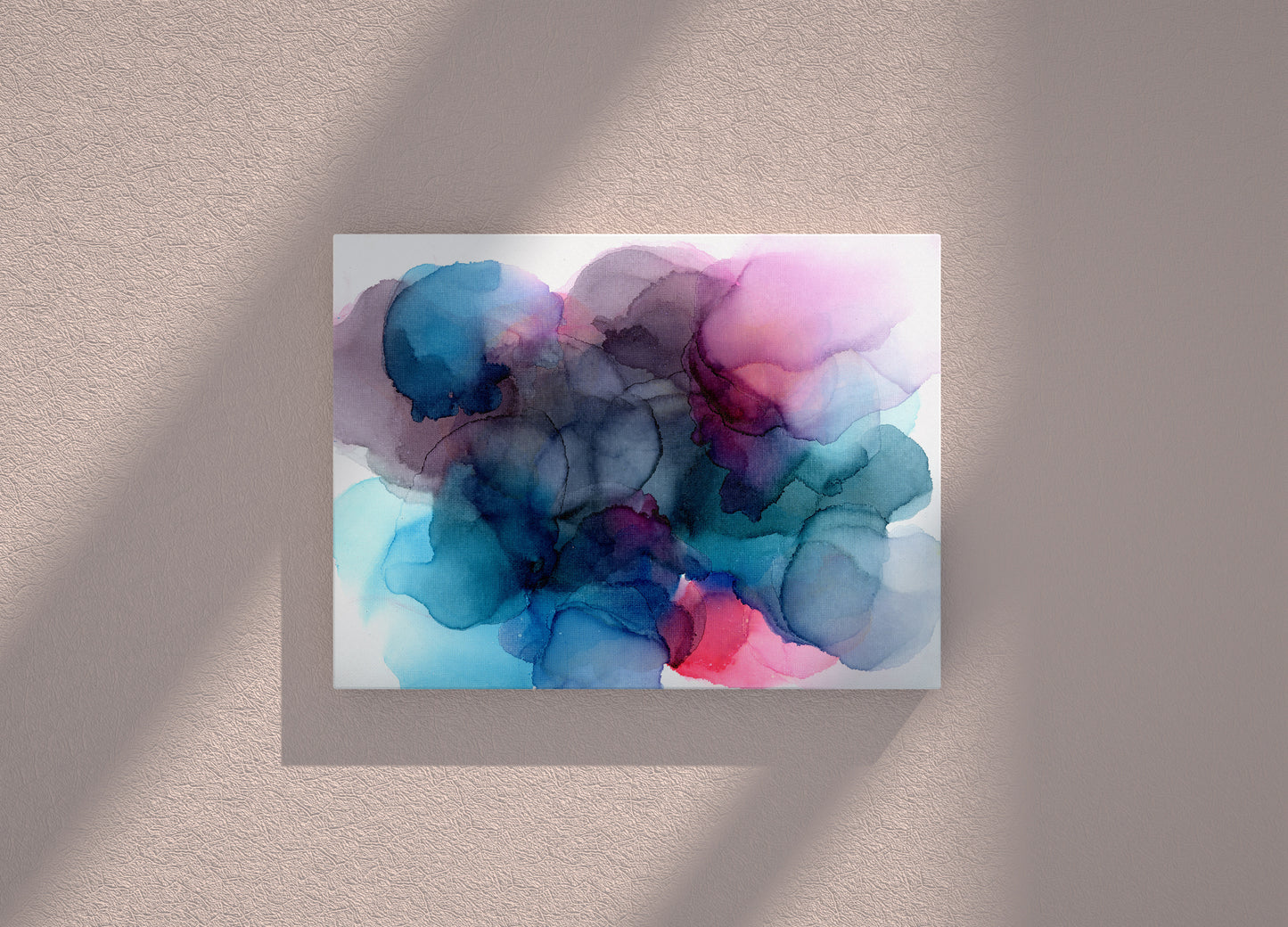 Digital mockup of the canvas against a neutral background with shadows cast on it.