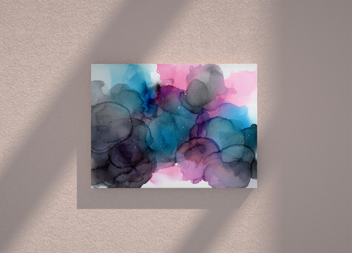 Digital mockup of the canvas against a neutral background with shadows cast on it.