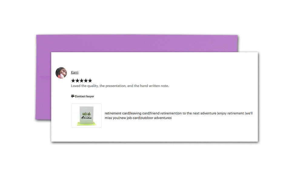 Digital mockup of a purple envelope and a neutral card showcasing a positive review from Karri, "Loved the quality, the presentation, and the hand written note."