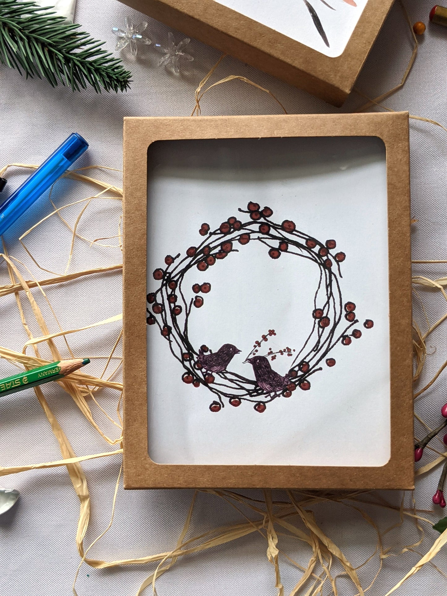merry christmas greetings for friends | birds building a berry wreath holiday card