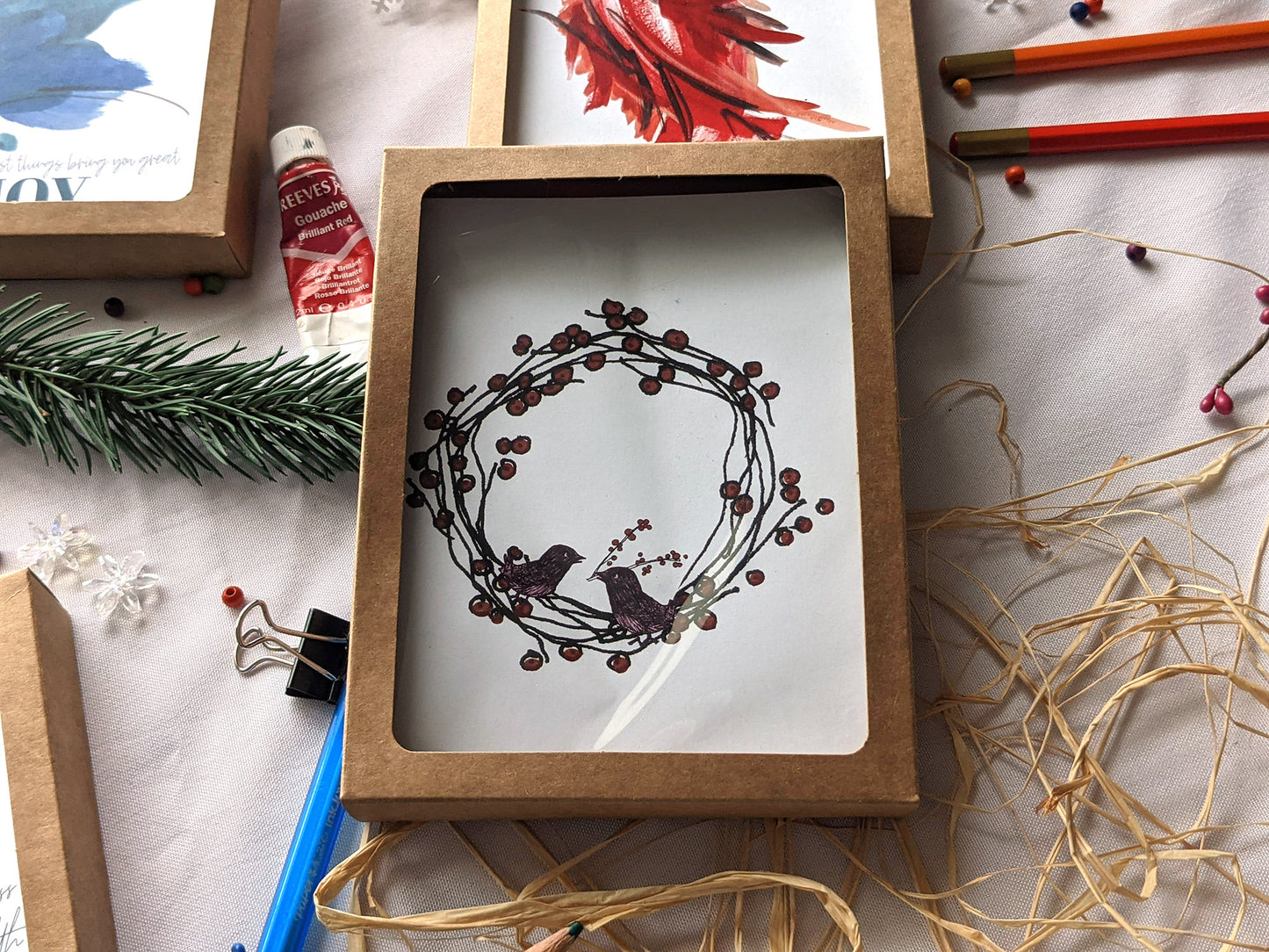 merry christmas greetings for friends | birds building a berry wreath holiday card