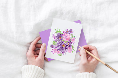 birthday wishes for coworker female | purple flowers and pink flowers greeting card